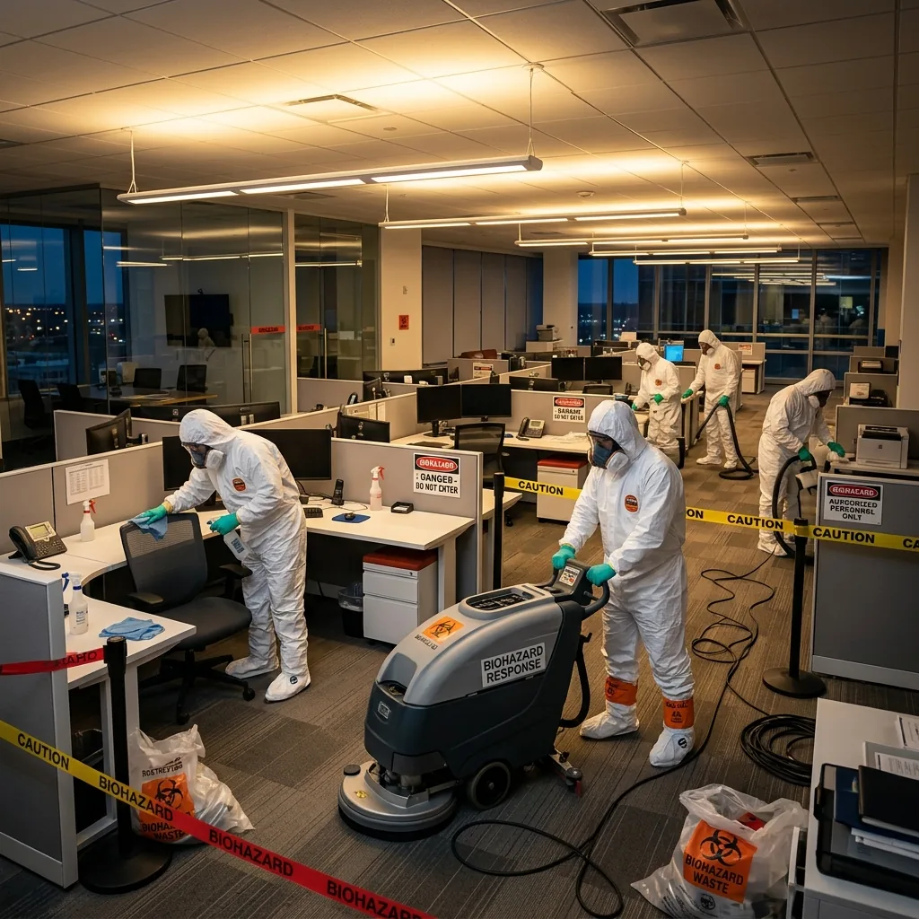Professional hazmat workers in PPE decontaminating a commercial office building — OSHA-compliant commercial biohazard cleanup services