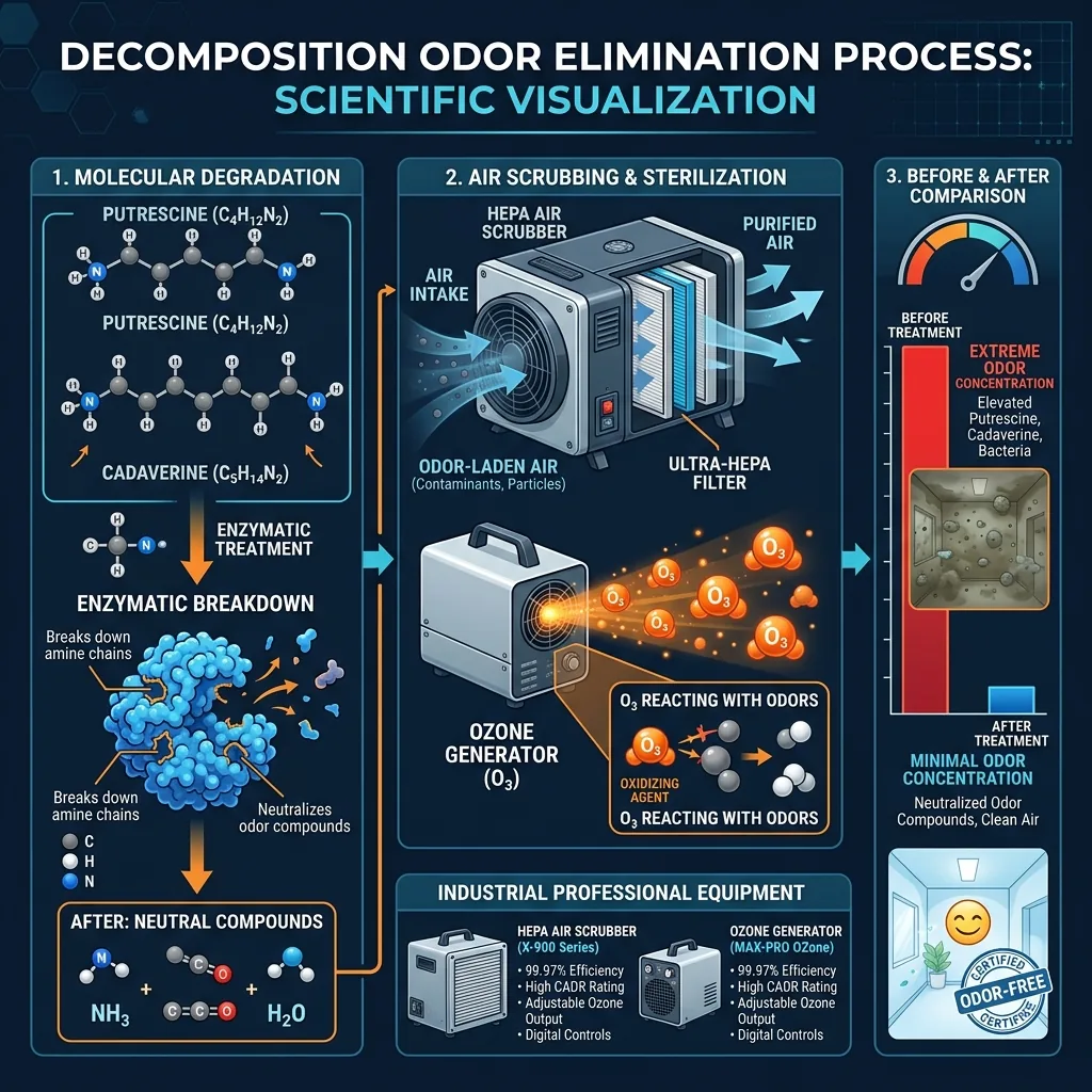 Professional decomposition odor elimination process — HEPA air scrubbers and specialized odor neutralization equipment in action